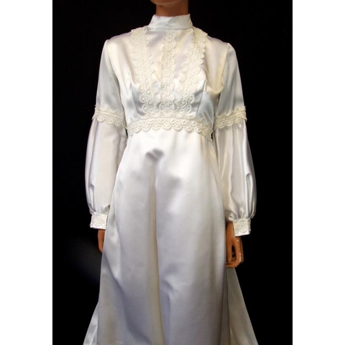 662 - Vintage 1960s/70s White Satin Wedding Dress with pellon lined train, approx. size 10