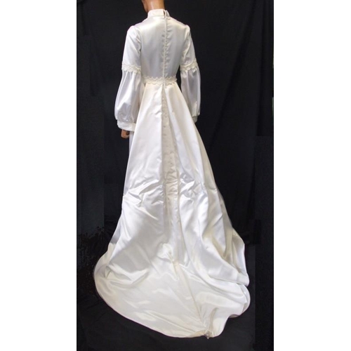 662 - Vintage 1960s/70s White Satin Wedding Dress with pellon lined train, approx. size 10