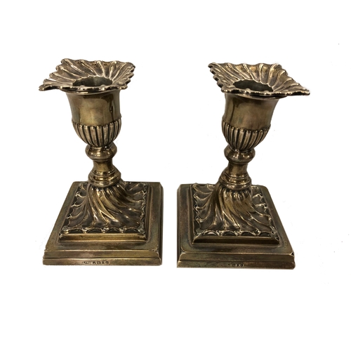 269 - Pair C19th Victorian Silver Candlesticks, with detachable sconces, square bases with swirled stems &... 