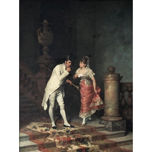 187 - C19th Oil on Canvas by Francesco Beda (Italy 1840-1900) couple on grand staircase, he dressed in per... 