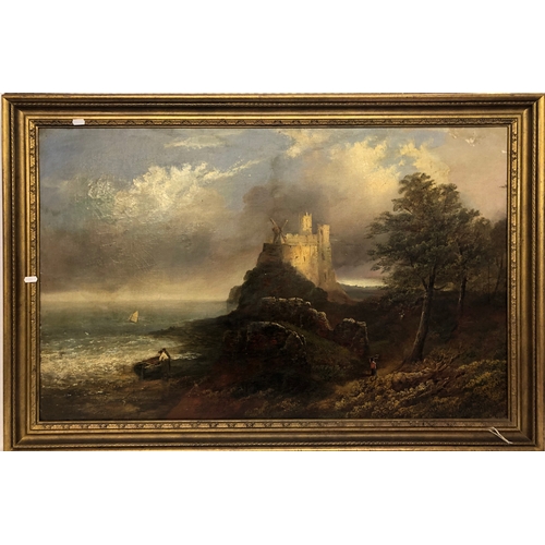 191 - Large Oil on Canvas Shore Scene with castle at the top of cliffs with windmill, figures in landscape... 