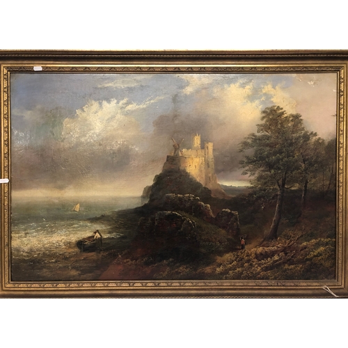 191 - Large Oil on Canvas Shore Scene with castle at the top of cliffs with windmill, figures in landscape... 