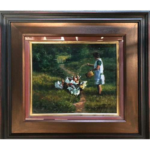 186 - Oil on Board 'Feeding Hens' by Senan O'Brien dated 1998, in multiple mount frame with artists stamp,... 