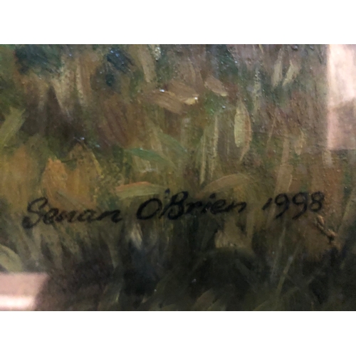 186 - Oil on Board 'Feeding Hens' by Senan O'Brien dated 1998, in multiple mount frame with artists stamp,... 