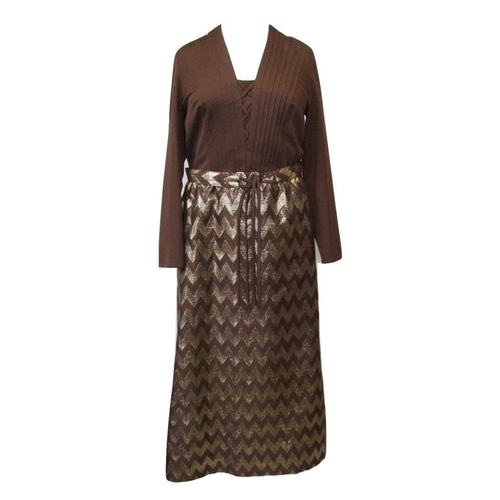 689 - 3 Ladies Vintage 1970s Dresses: Carnegie brown/gold, After Six pale blue with lace trim & Quad green... 