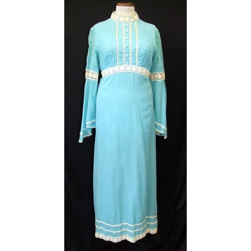 689 - 3 Ladies Vintage 1970s Dresses: Carnegie brown/gold, After Six pale blue with lace trim & Quad green... 