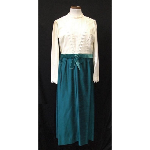 689 - 3 Ladies Vintage 1970s Dresses: Carnegie brown/gold, After Six pale blue with lace trim & Quad green... 