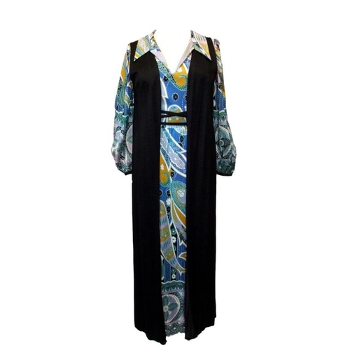 690 - 4 Ladies Vintage 1960s/70s Dresses: Madison Avenue black with retro print & belt, unnamed black/oran... 