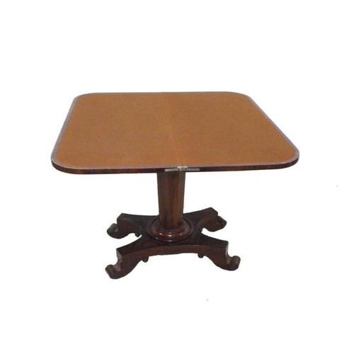 9 - C19th Rosewood Card Table on quatrefoil platform base on 4 scroll supports with faceted tapering col... 