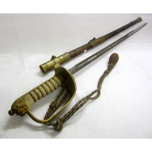 334 - C20th Naval Dress Sword, shagreen grip, gilt hilt with crown anchor & rope with leather & brass scab... 