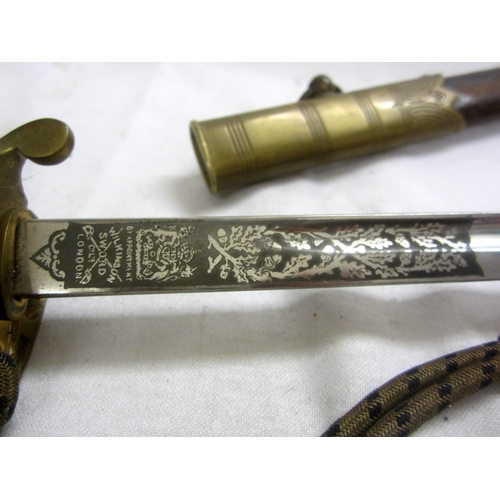 334 - C20th Naval Dress Sword, shagreen grip, gilt hilt with crown anchor & rope with leather & brass scab... 