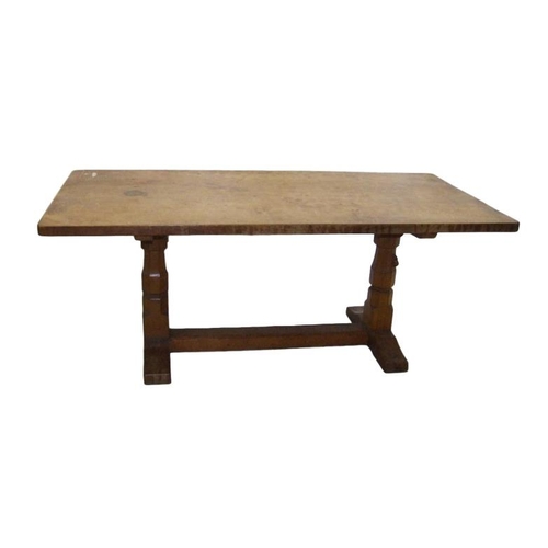 11 - The Mouseman Robert Thompson Oak Dining Room Suite: Refectory Table with facet carved supports, flat... 