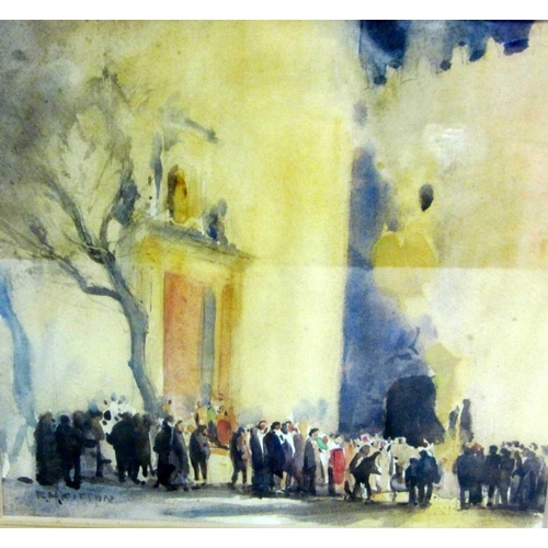 185 - M/f/g Watercolour Figures in the street beside a tree with tall building, by RH Kitson, image approx... 