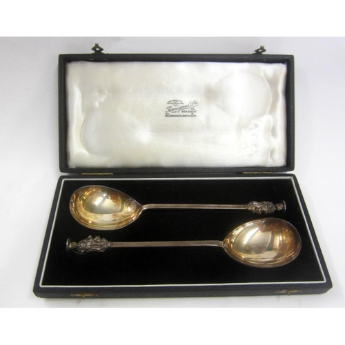 264 - Pair C19th Oversized Apostle Serving Spoons, in fitted case, makers mark GMJ, London 1895