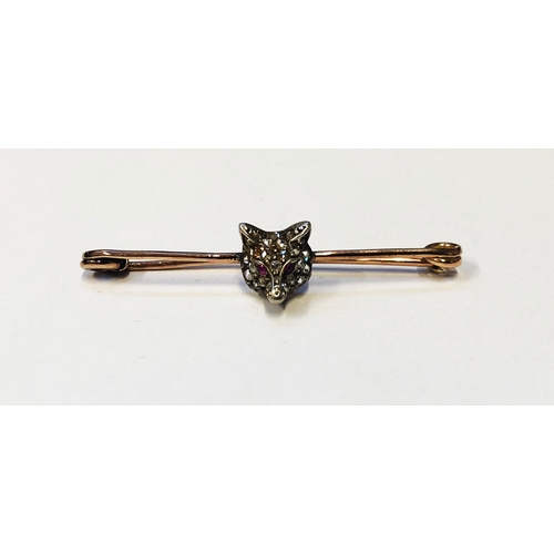 244 - Rose Gold Brooch set white metal fox head with ruby eyes & rose cut diamonds, approx. 5cm L