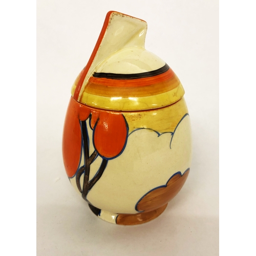 341 - Clarice Cliff Bonjour Autumn Preserve Pot with domed cover & wedge shaped knop, marked to base Fanta... 