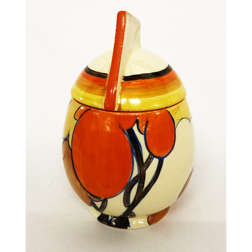 341 - Clarice Cliff Bonjour Autumn Preserve Pot with domed cover & wedge shaped knop, marked to base Fanta... 