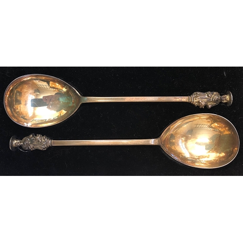 264 - Pair C19th Oversized Apostle Serving Spoons, in fitted case, makers mark GMJ, London 1895