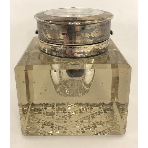 259 - Silver Mounted Cut Glass Large Inkwell with detachable liner, silver mounts with watch holder, flip ... 