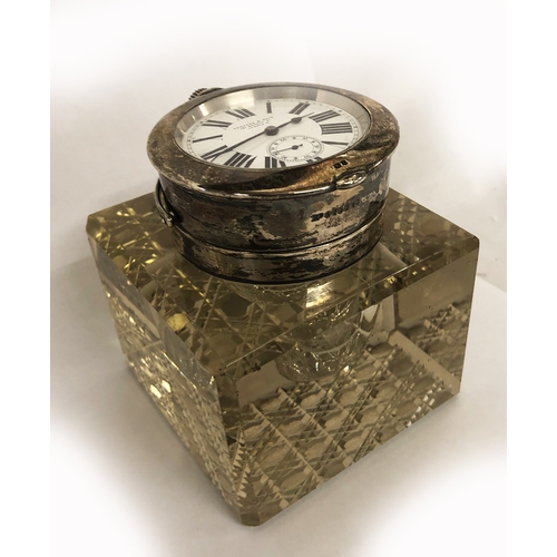 259 - Silver Mounted Cut Glass Large Inkwell with detachable liner, silver mounts with watch holder, flip ... 