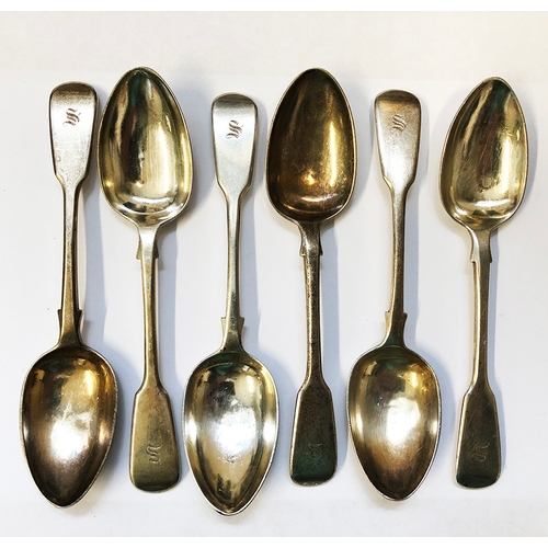 261 - Set 6 Silver Georgian Fiddle Pattern Teaspoons, monogramed S, Maker ILHLCL London 1825