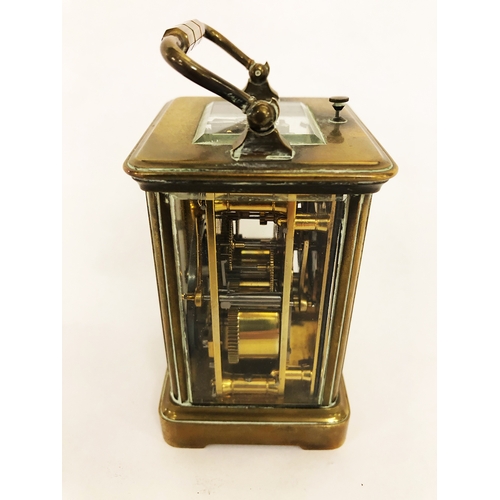 320 - Small Late C19th Brass Cased Carriage Clock with white enamelled dial, Roman numerals, blued hands, ... 