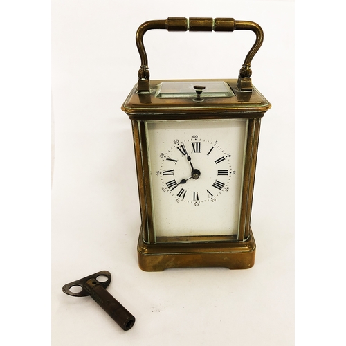 320 - Small Late C19th Brass Cased Carriage Clock with white enamelled dial, Roman numerals, blued hands, ... 