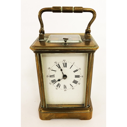 320 - Small Late C19th Brass Cased Carriage Clock with white enamelled dial, Roman numerals, blued hands, ... 