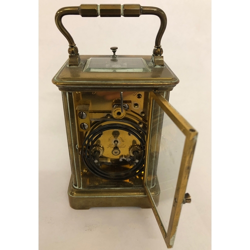 320 - Small Late C19th Brass Cased Carriage Clock with white enamelled dial, Roman numerals, blued hands, ... 