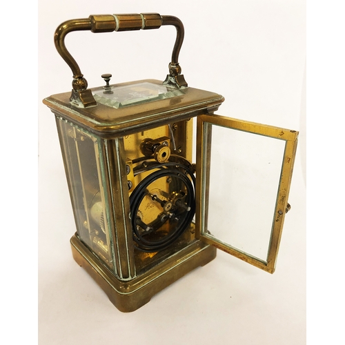 320 - Small Late C19th Brass Cased Carriage Clock with white enamelled dial, Roman numerals, blued hands, ... 