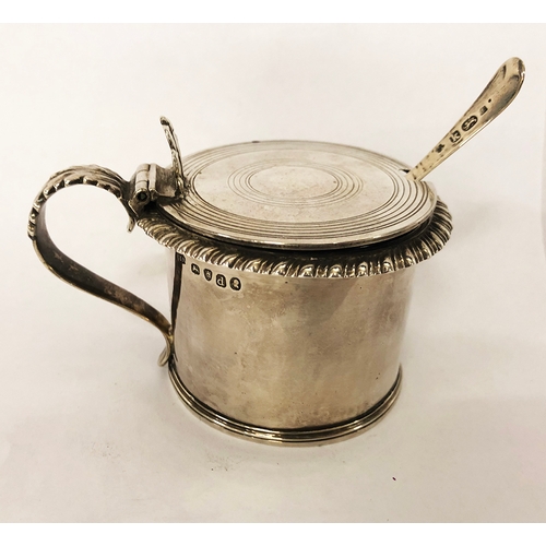 268 - Georgian Silver Drum Mustard with gadroon mount, acanthus leaf handle, engraving to lid, blue glass ... 