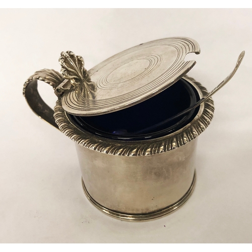 268 - Georgian Silver Drum Mustard with gadroon mount, acanthus leaf handle, engraving to lid, blue glass ... 