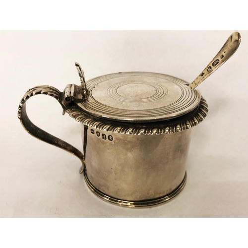 268 - Georgian Silver Drum Mustard with gadroon mount, acanthus leaf handle, engraving to lid, blue glass ... 