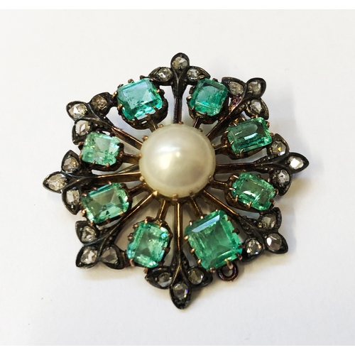 255 - Antique Rose Cut Diamond & Emerald Brooch with central half pearl, 8 square & rectangular facet cut ... 