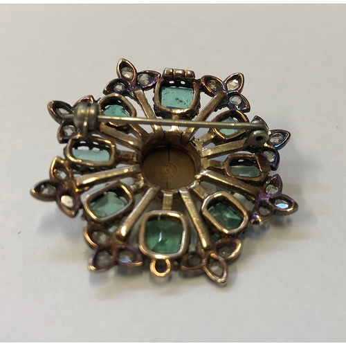 255 - Antique Rose Cut Diamond & Emerald Brooch with central half pearl, 8 square & rectangular facet cut ... 