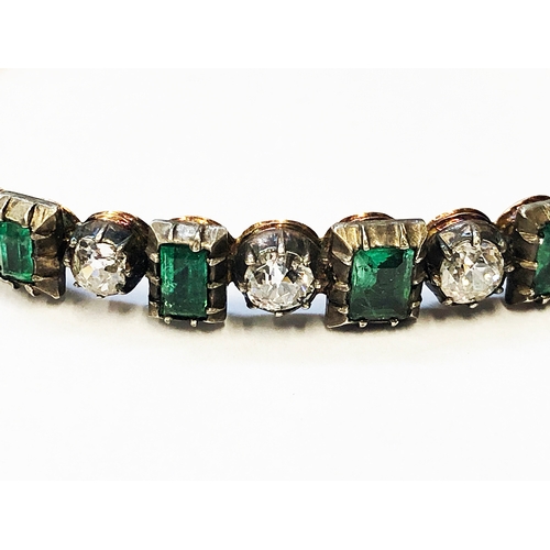 256 - Ladies Diamond & Emerald Hinged Bracelet, yellow metal setting with 8 graduated bright cut diamonds ... 