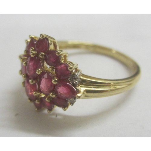 346 - Ruby & Diamond Ring with large ruby floral cluster set 9ct. gold, size P