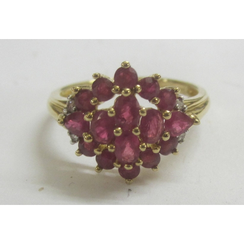 346 - Ruby & Diamond Ring with large ruby floral cluster set 9ct. gold, size P