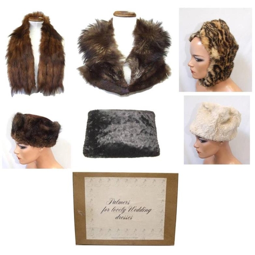 784 - Vintage Real Fur Items: 3 hats, 3 collars & moleskin muff, in Palmers of Oxford Street box