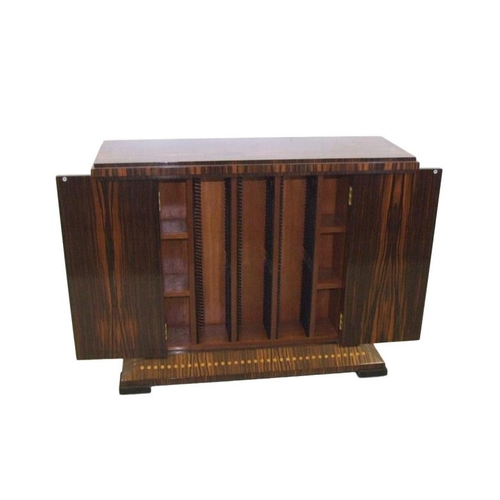 15 - French Walnut Ruhlmann/Art Deco Style Hall Table, rectangular top with pair cupboard doors under wit... 