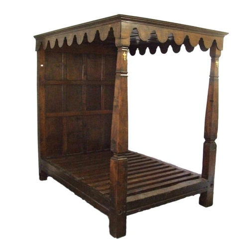 7 - Bespoke 4 Poster Bed with tall panelled headboard, on square section carved supports, scalloped carv... 