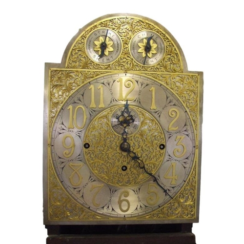 152 - Mahogany 3 Train Longcase Clock on plinth base with applied c-scroll moulding, oval bevelled glass e... 