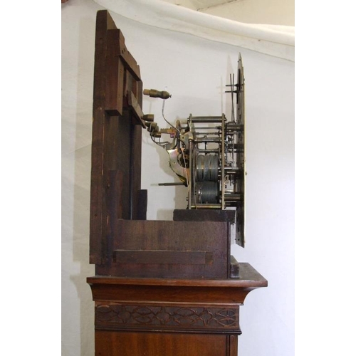 152 - Mahogany 3 Train Longcase Clock on plinth base with applied c-scroll moulding, oval bevelled glass e... 