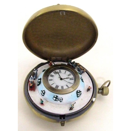 236 - Large Pocket Watch Music Box with rotating snow scene set central watch, in box