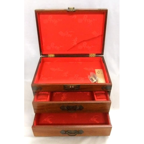 241 - Oriental Hardwood Jewellery Box with brass handles, red silk interior, 2 drawers under, on plinth ba... 
