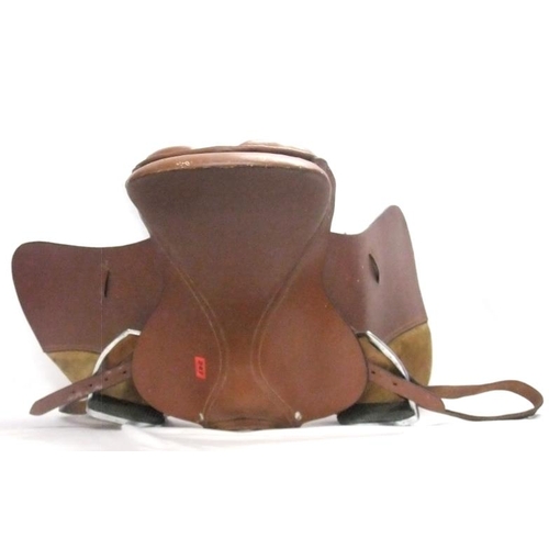 247 - Brown Leather General Purpose Saddle with stirrups & suede knee pads (CORNER)