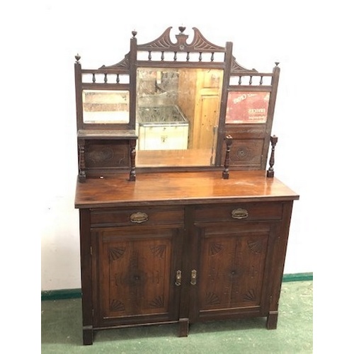 40 - Victorian Walnut Sideboard with pair carved panelled doors, 2 frieze drawers, superstructure with be... 