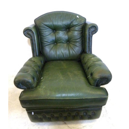 26 - Green Leather Armchair with deep buttoned arms & back, squab seat (FWL)