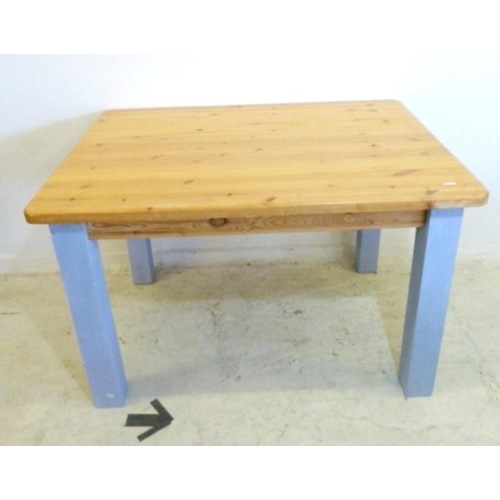 27 - Varnished Pine Table on square section blue painted detachable supports (A3)