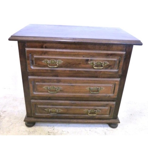 69 - Continental Style Chest of 3 Long Drawers with plate brass handles, on flattened bun supports (A1)